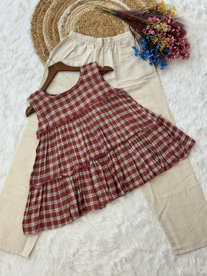 Lorenvalley Fashion Maroon Checks Linen Cotton Top Bottom Set