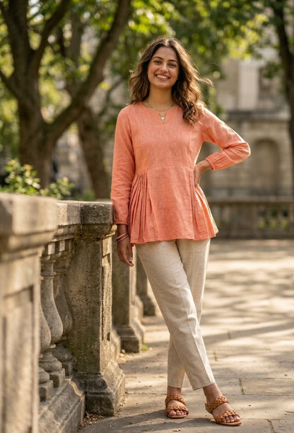 Lorenvalley Fashion Peach Linen Cotton Top Bottom Set