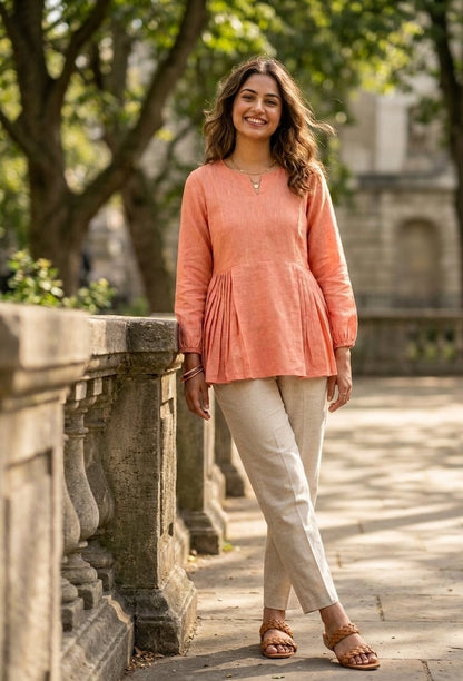 Lorenvalley Fashion Peach Linen Cotton Top Bottom Set