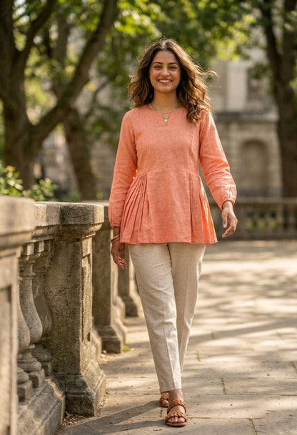 Lorenvalley Fashion Peach Linen Cotton Top Bottom Set