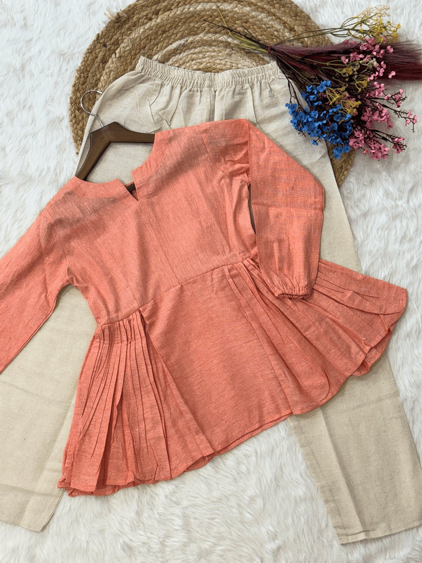 Lorenvalley Fashion Peach Linen Cotton Top Bottom Set