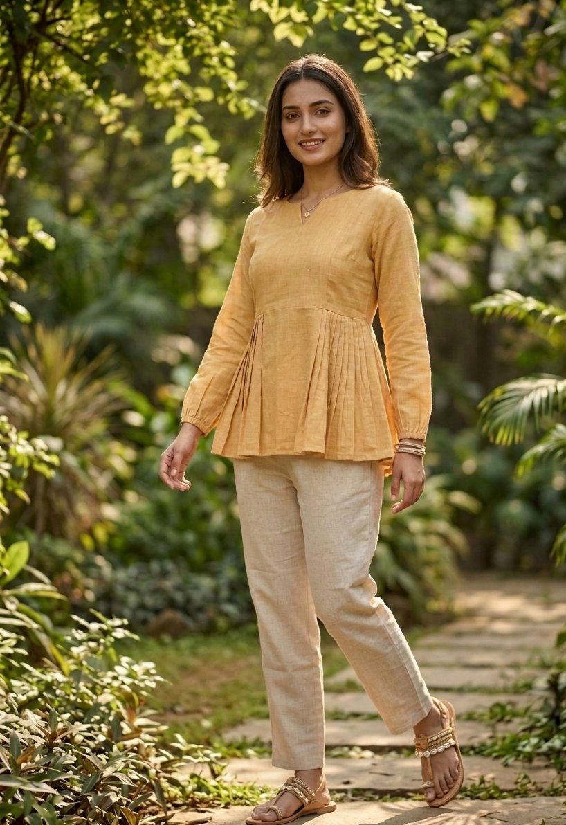 Lorenvalley Fashion Yellow Linen Cotton Top Bottom Set