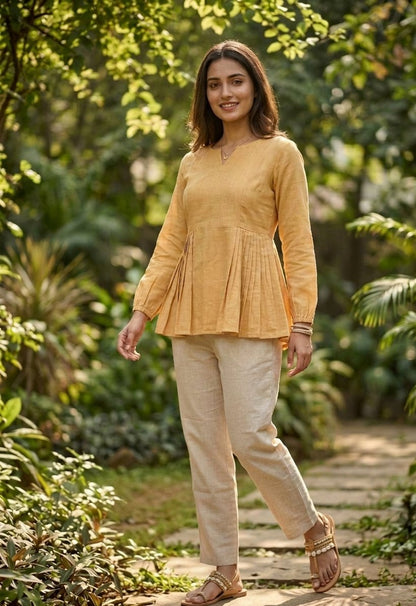 Lorenvalley Fashion Yellow Linen Cotton Top Bottom Set