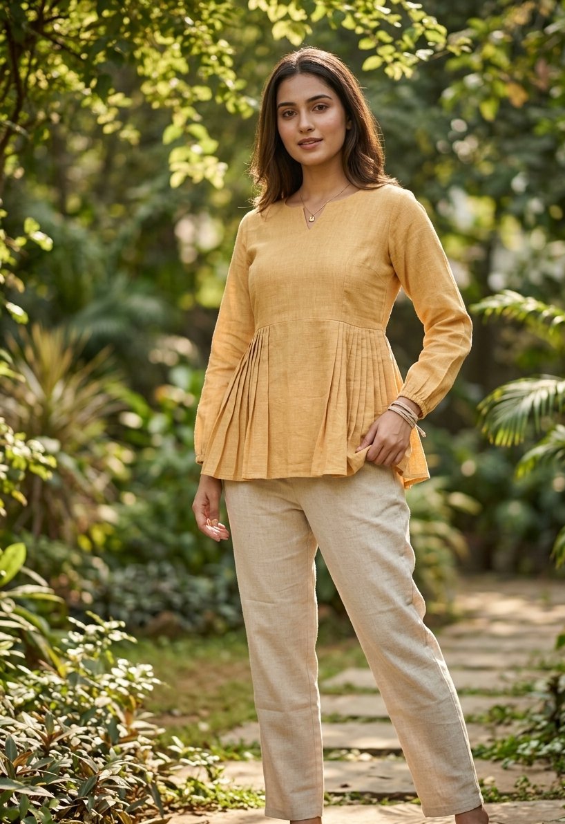 Lorenvalley Fashion Yellow Linen Cotton Top Bottom Set