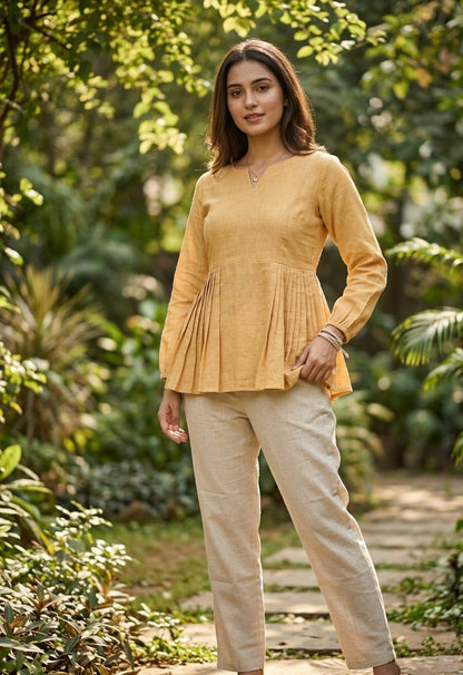 Lorenvalley Fashion Yellow Linen Cotton Top Bottom Set