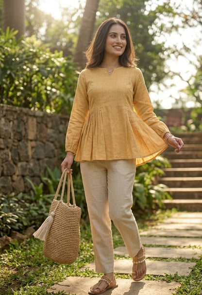 Lorenvalley Fashion Yellow Linen Cotton Top Bottom Set