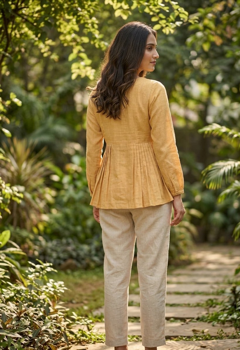 Lorenvalley Fashion Yellow Linen Cotton Top Bottom Set