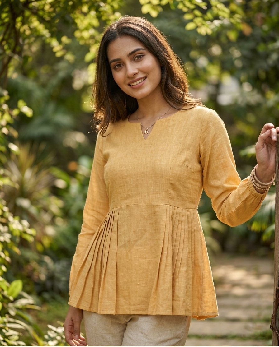 Lorenvalley Fashion Yellow Linen Cotton Top Bottom Set