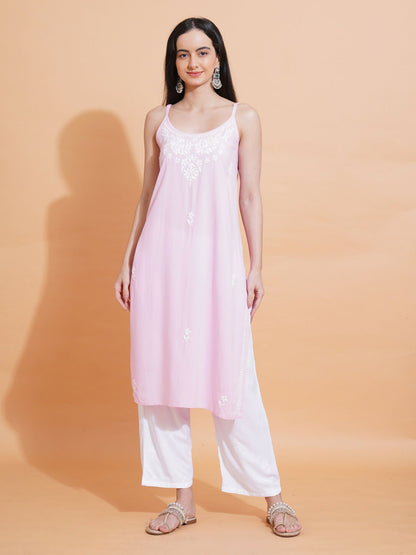 Pahnaz Luxury Rayon Chikankari Sleeveless Long Kurti-Pink