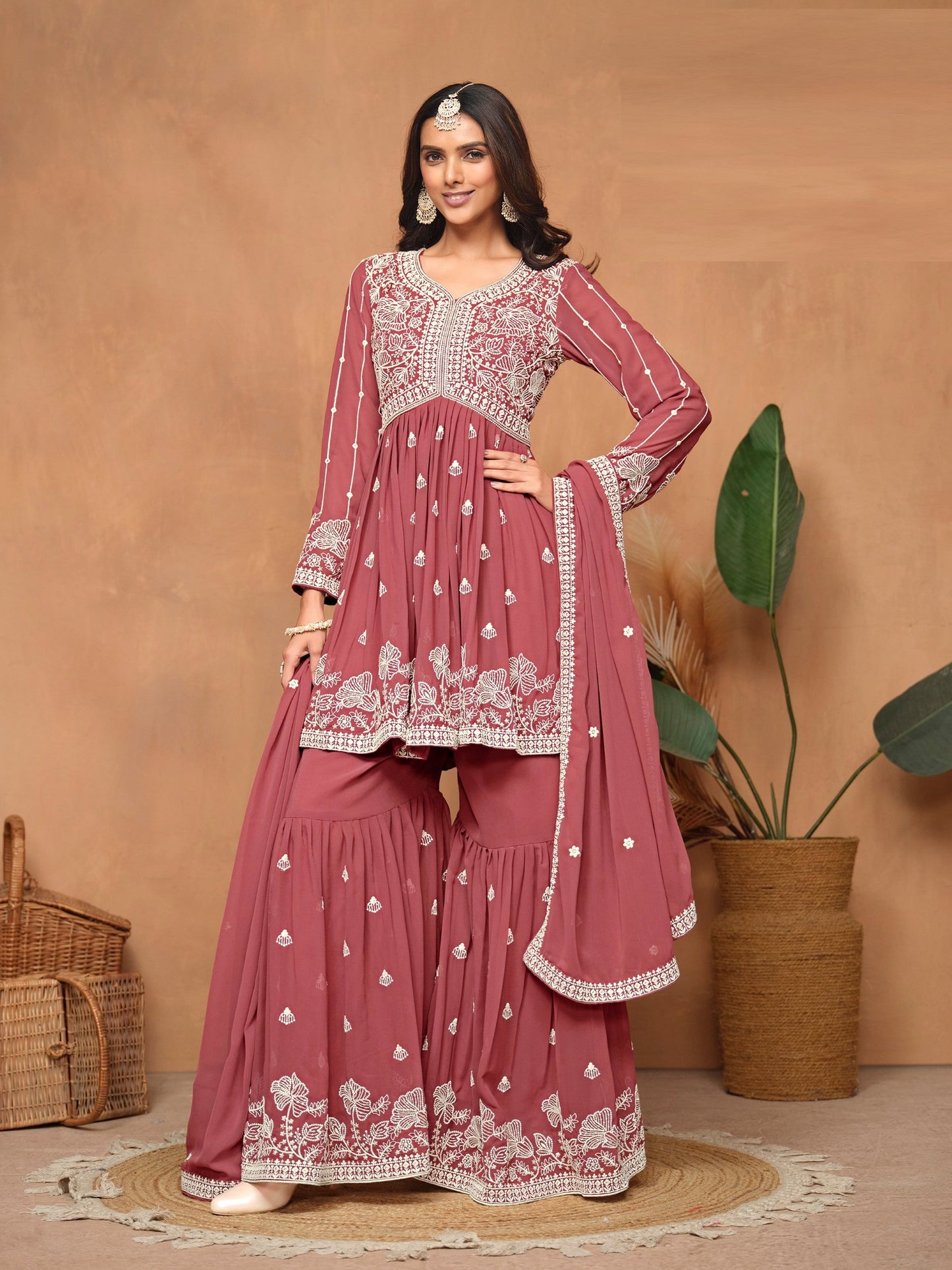 Anaita Brown Embroidered Faux Georgette Sharara Suit