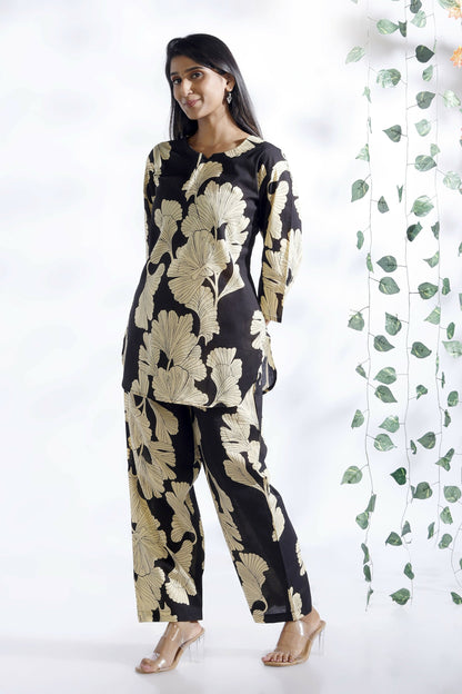Breathables Black Floral Cotton Kurta & Pant Co-Ord Set