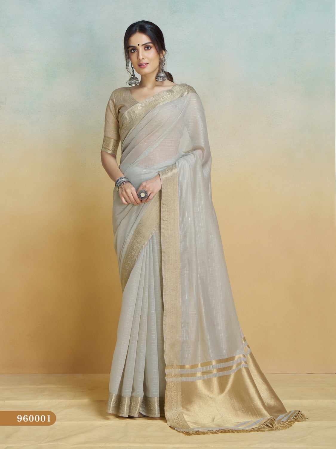 Anaita Grey Handloom Khadi Silk Zari Woven Work Saree With Blouse Piece