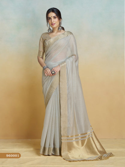 Anaita Grey Handloom Khadi Silk Zari Woven Work Saree With Blouse Piece