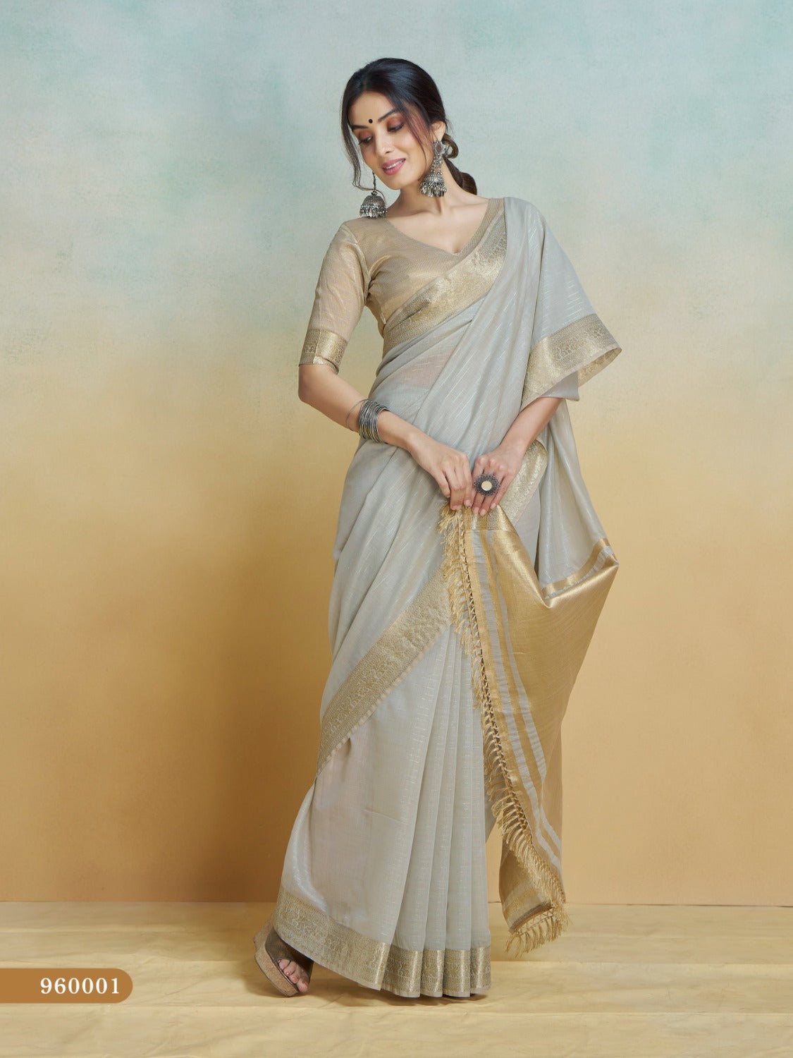 Anaita Grey Handloom Khadi Silk Zari Woven Work Saree With Blouse Piece