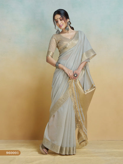 Anaita Grey Handloom Khadi Silk Zari Woven Work Saree With Blouse Piece