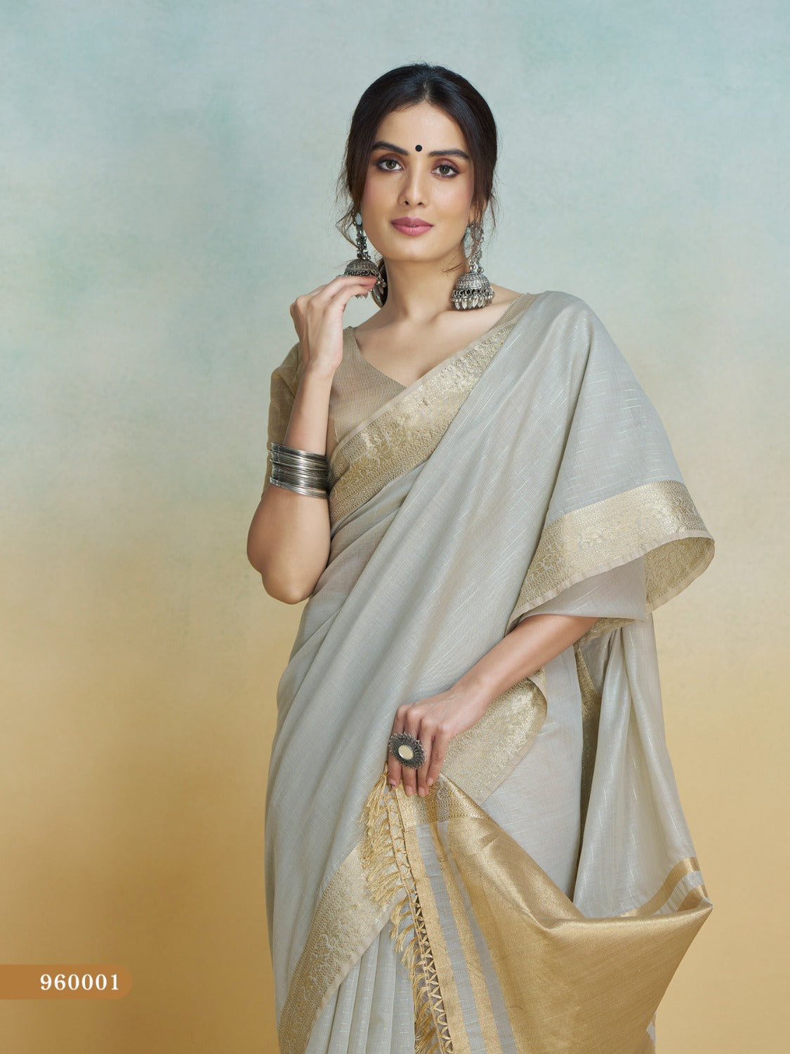 Anaita Grey Handloom Khadi Silk Zari Woven Work Saree With Blouse Piece