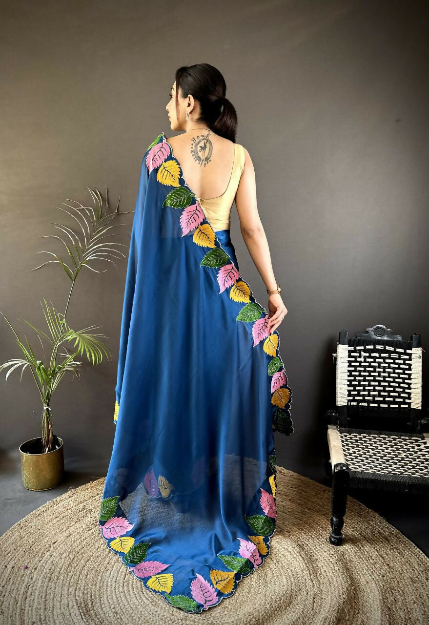 Prime Volt Multicolor Leaf Embroidery Rangoli Silk Saree with Scalloped Border-Blue