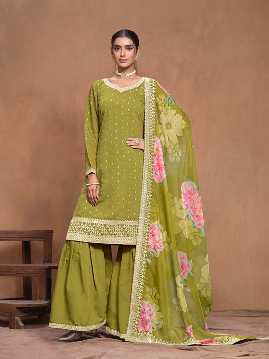Anaita Green Embroidered Roman Silk Sharara Suit