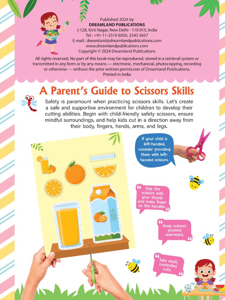 Dreamland Publications Tasty Foods Scissors Skills Activity Book for Kids Age 4 - 7 years | With Child- Safe Scissors, Games and Mask