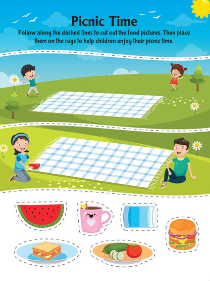 Dreamland Publications Tasty Foods Scissors Skills Activity Book for Kids Age 4 - 7 years | With Child- Safe Scissors, Games and Mask