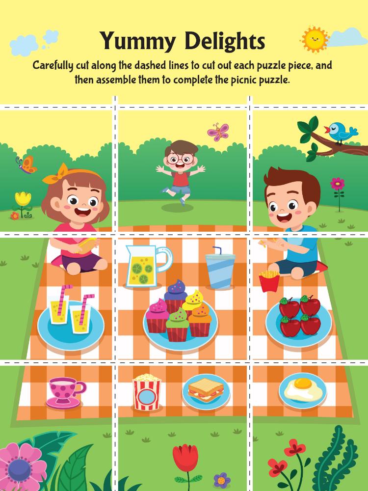 Dreamland Publications Tasty Foods Scissors Skills Activity Book for Kids Age 4 - 7 years | With Child- Safe Scissors, Games and Mask