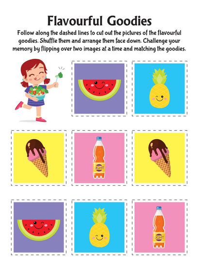 Dreamland Publications Tasty Foods Scissors Skills Activity Book for Kids Age 4 - 7 years | With Child- Safe Scissors, Games and Mask