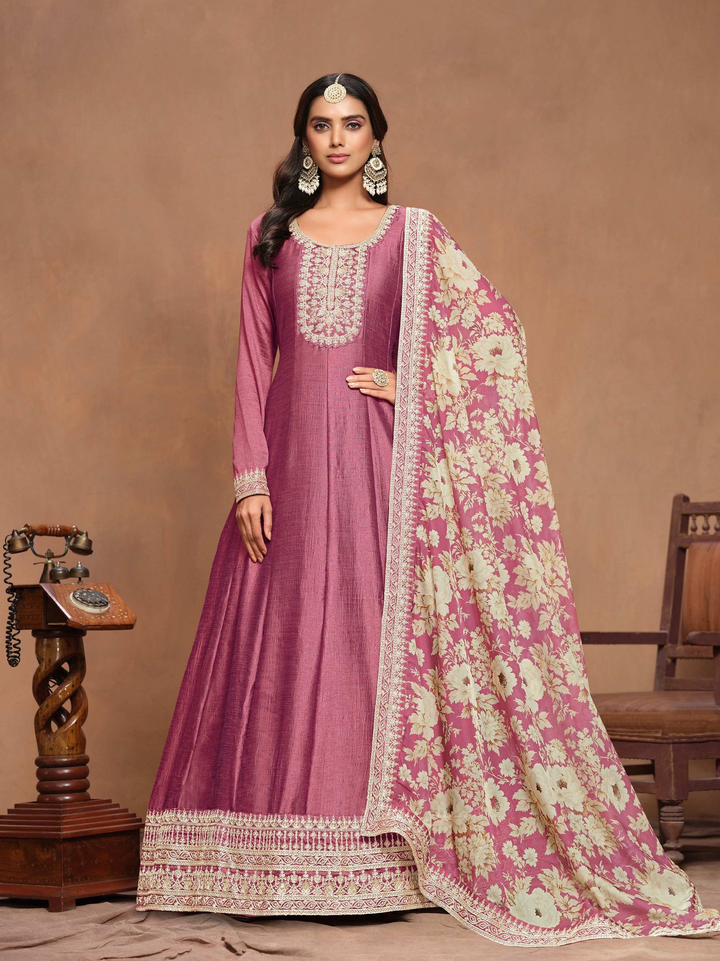 Anaita Pink Embroidered Art Silk Anarkali Suit