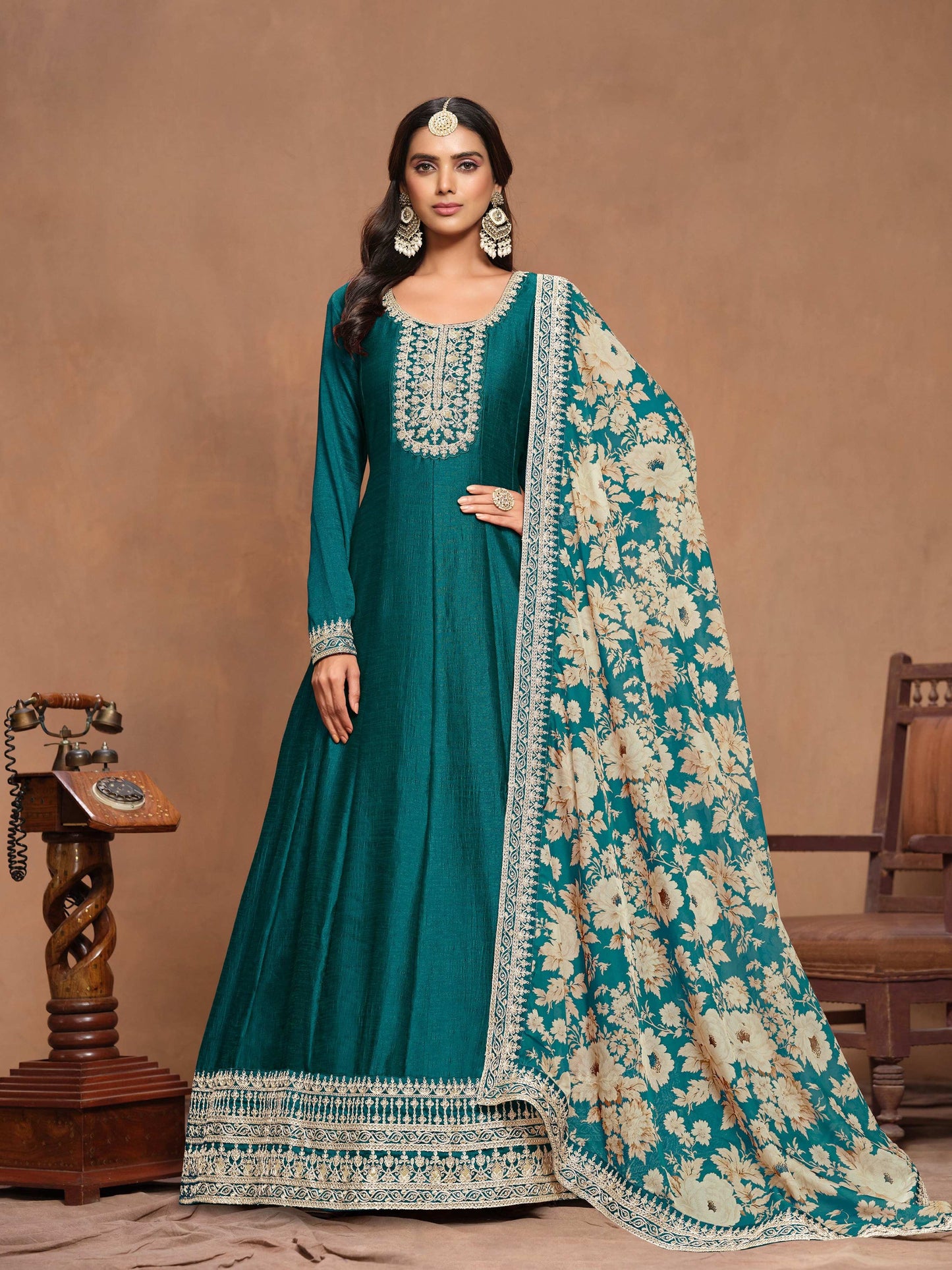 Anaita Teal Green Embroidered Art Silk Anarkali Suit