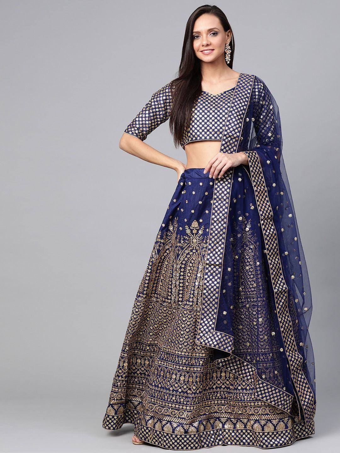 Tulsi Art Navy Blue Embroidered Semi-Stitched Myntra Lehenga & Unstitched Blouse With Dupatta