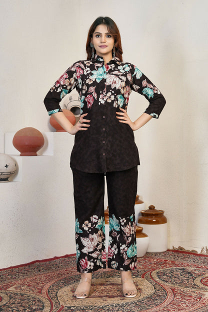 Teeya Creation Women Chocolate Brown Floral Printed Shirt And Trousers Co-Ord Set
