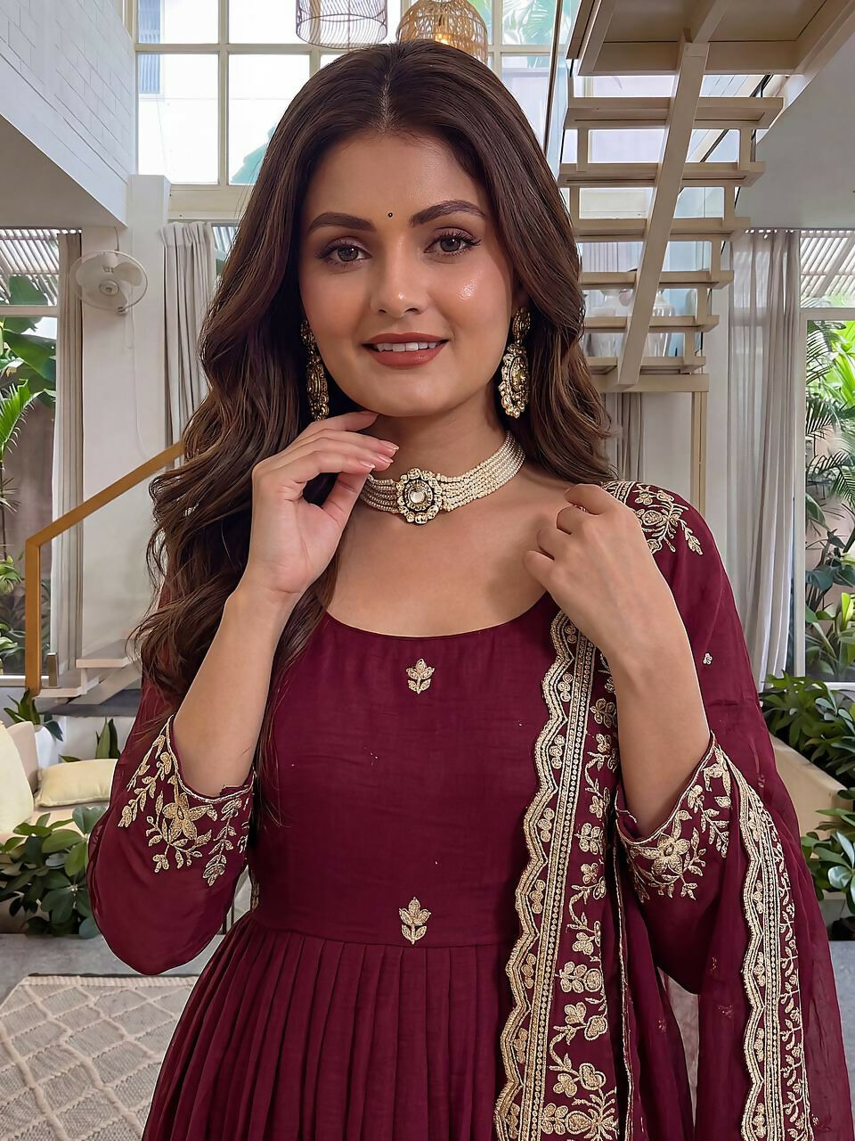 Teeya Creation New Trendy Stylish Wedding Wear Embroidered Anarkali Set - Maroon