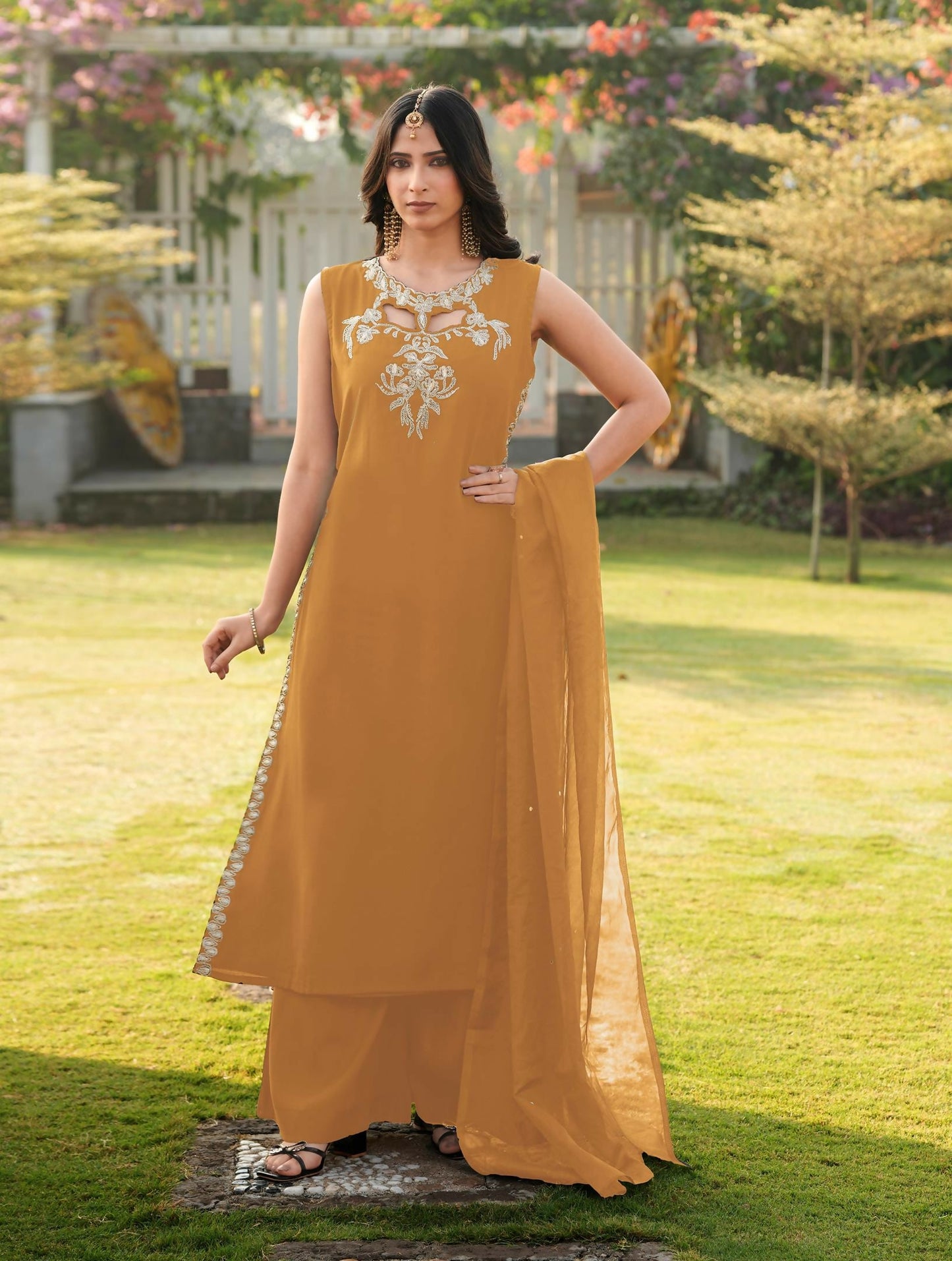 Nikhaar Light Brown Embroidered Art Silk Stitched A Line Kurta Palazzo Dupatta Readymade Suit