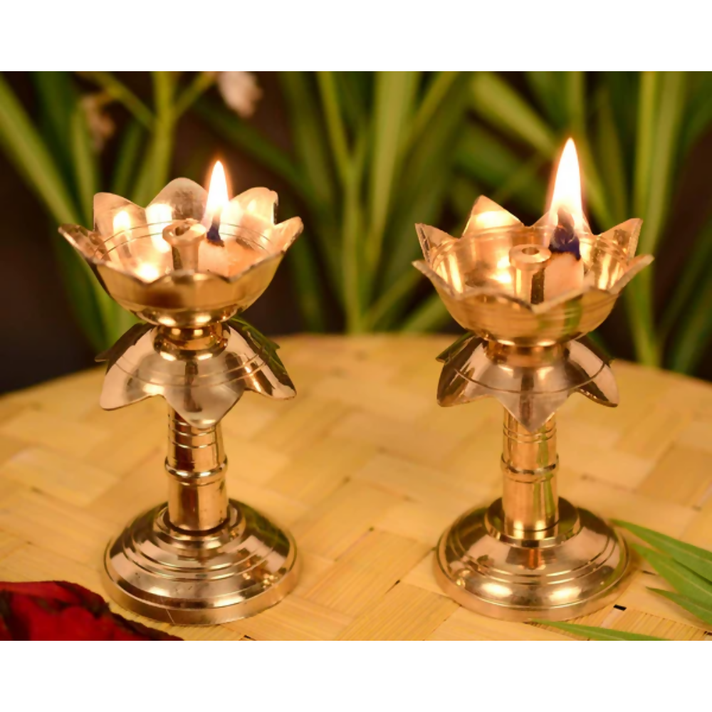 CraftVatika Brass Lotus Shape Pillar Diya Oil Lamp Stand Showpiece