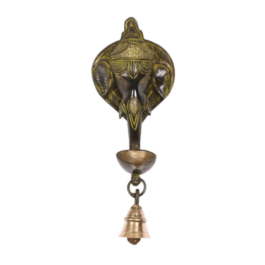 CraftVatika Brass Elephant Face Oil Lamp Diya With Bell Wall Hanging Showpiece