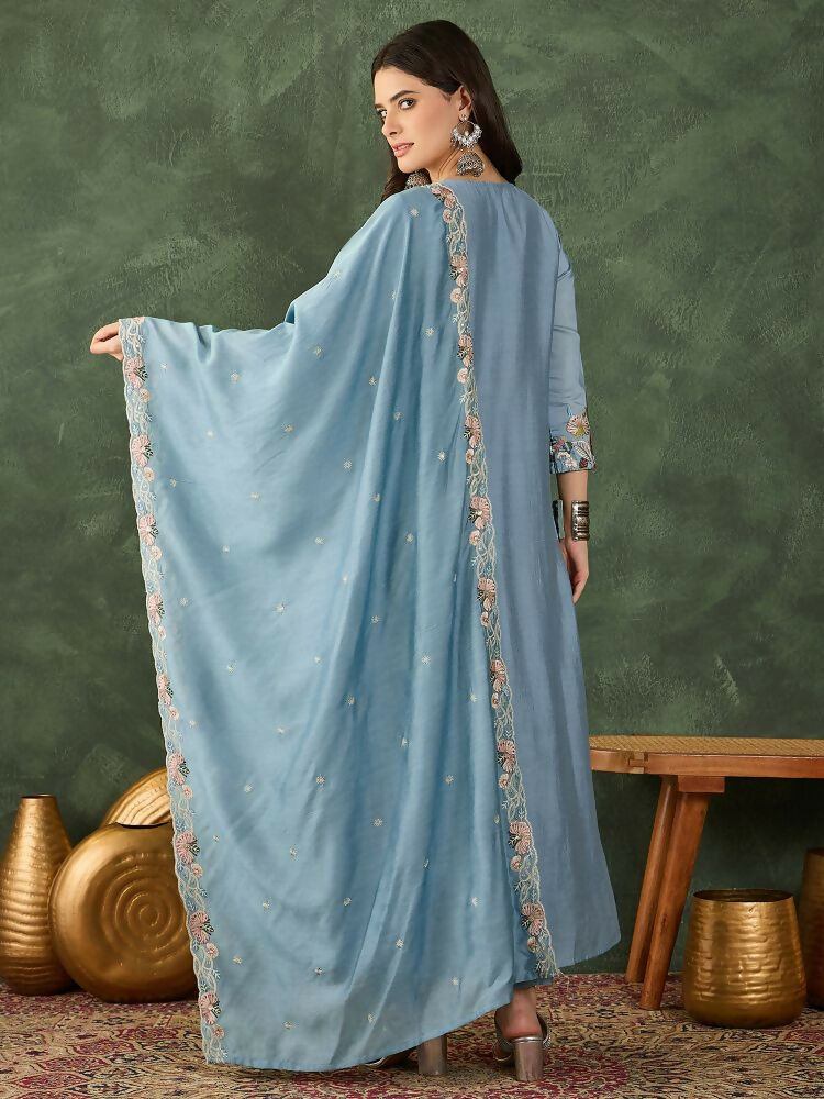 The52 Women's Beautiful Embroidery Work Silk Fabric Flared Kurta Pant and Dupatta Set