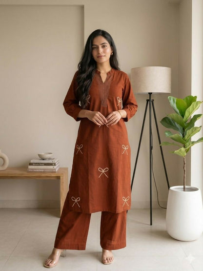 Teeya Creation Women New Trendy Rust Orange Embroidered Cotton Kurta with Palazzos