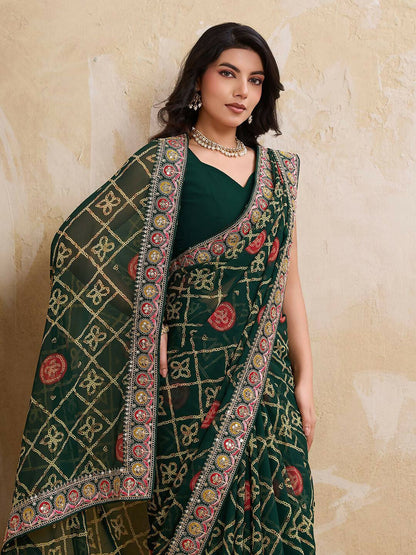 Teeya Creation Womens Stylish Simply Wedding Wear Georgette Saree-Green