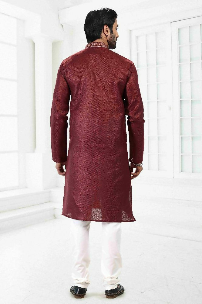 Raivat Ethnic Linen Cotton Thread Work Kurta Pajama In Maroon Colour