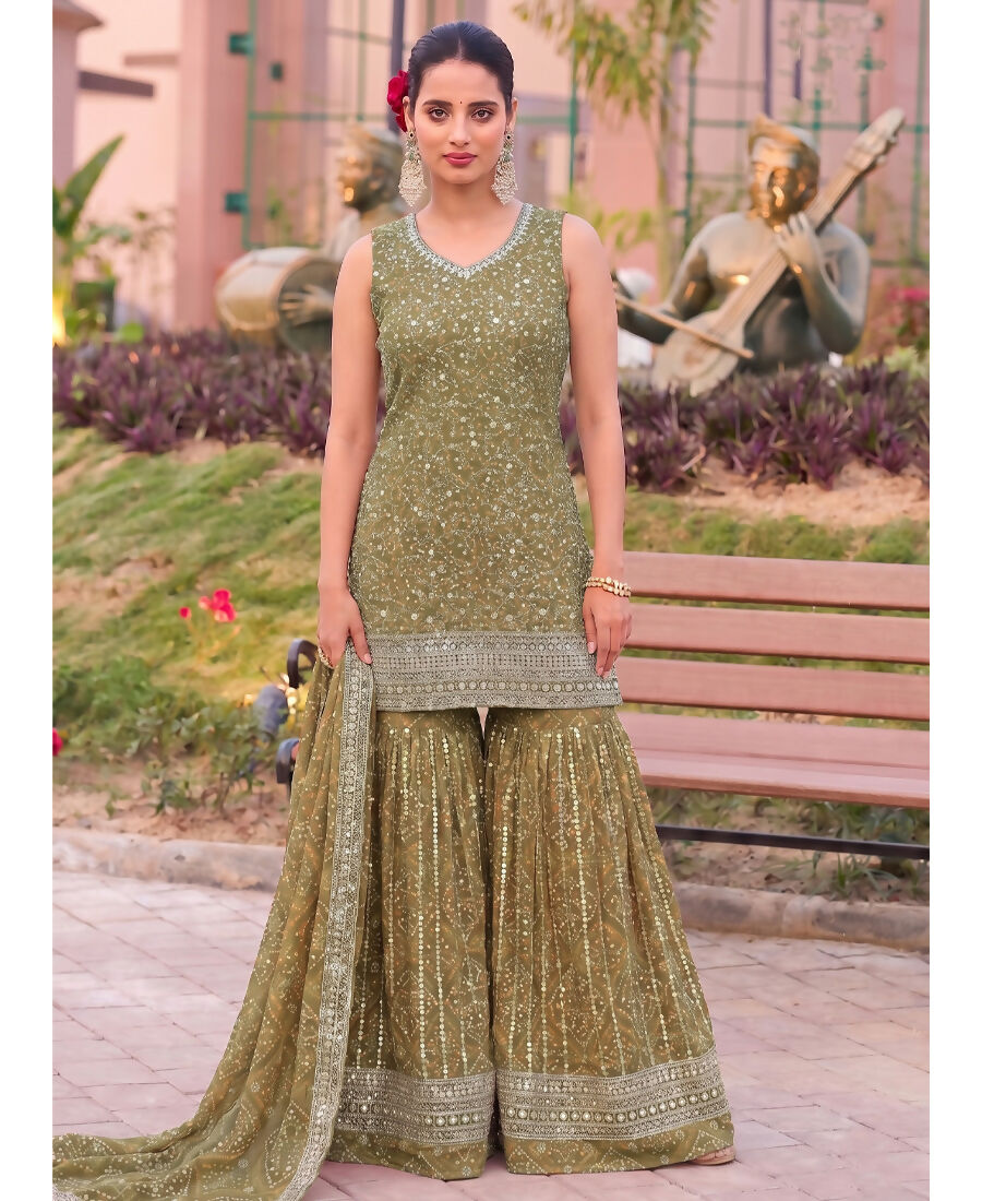 KC Mustard Bandhani Printed Heavy Emrboidery Worked Sharara Suit Ethnic Wear