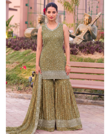 KC Mustard Bandhani Printed Heavy Emrboidery Worked Sharara Suit Ethnic Wear
