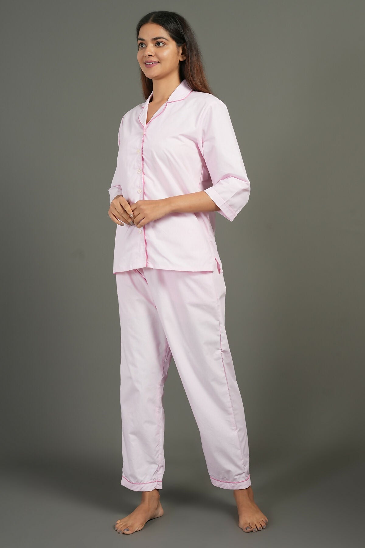 Breathables Women Cotton Night Suit Shirt And Pants Co-Ord Set Pink I Nightwear | Loungewear Set