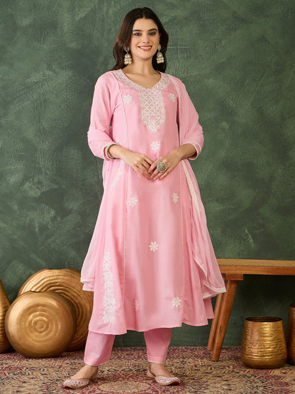 The52 Women's Beautiful Thread Work Cotton satin Fabric Flared Kurta Pant and Dupatta Set-Peach