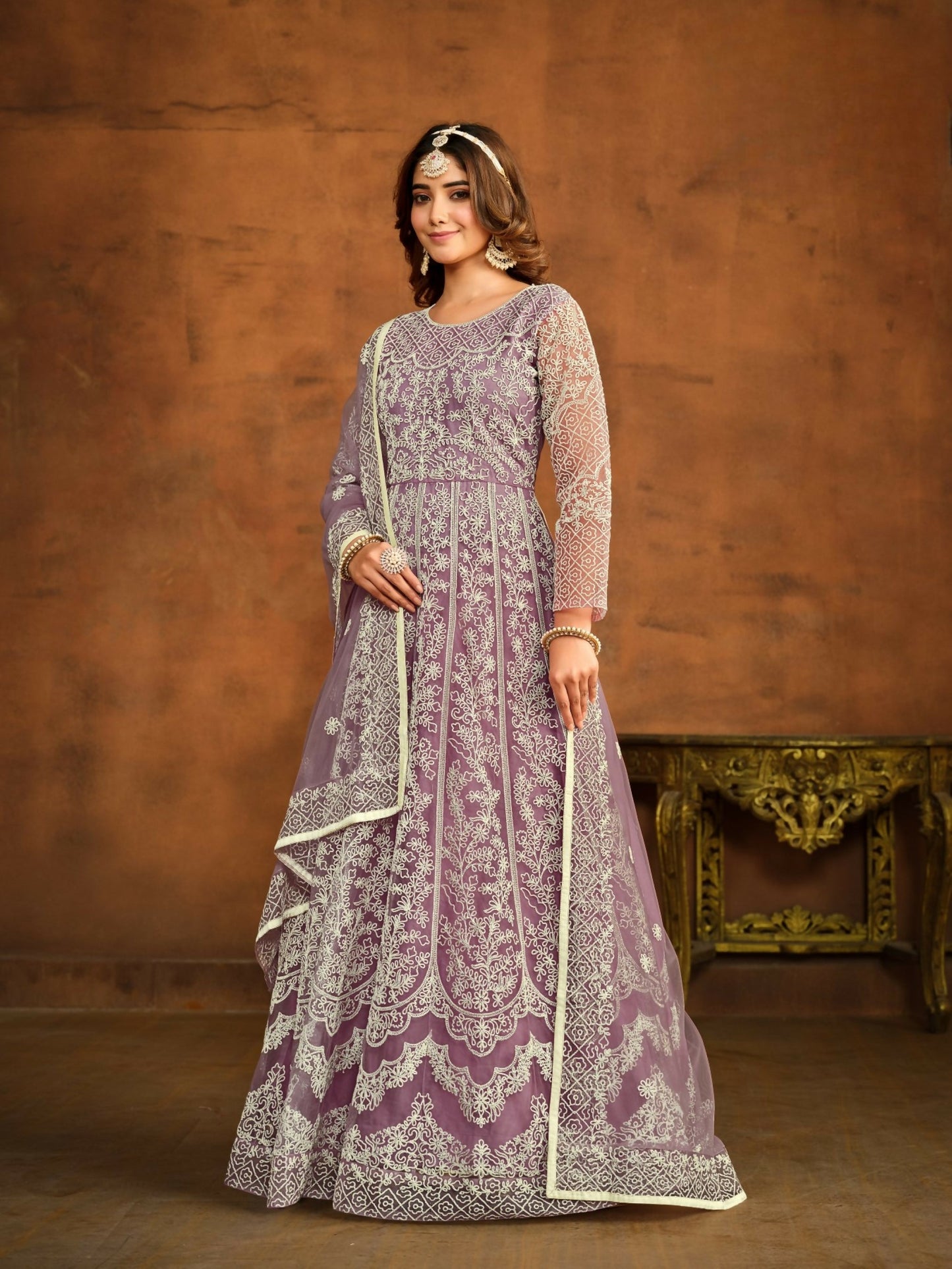 Anaita Lavender Embroidered Net Anarkali Suit