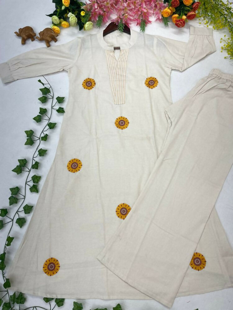 Teeya Creation New Latest Women Off-White & Yellow Embroidered Cotton A-Line Kurta with Trousers