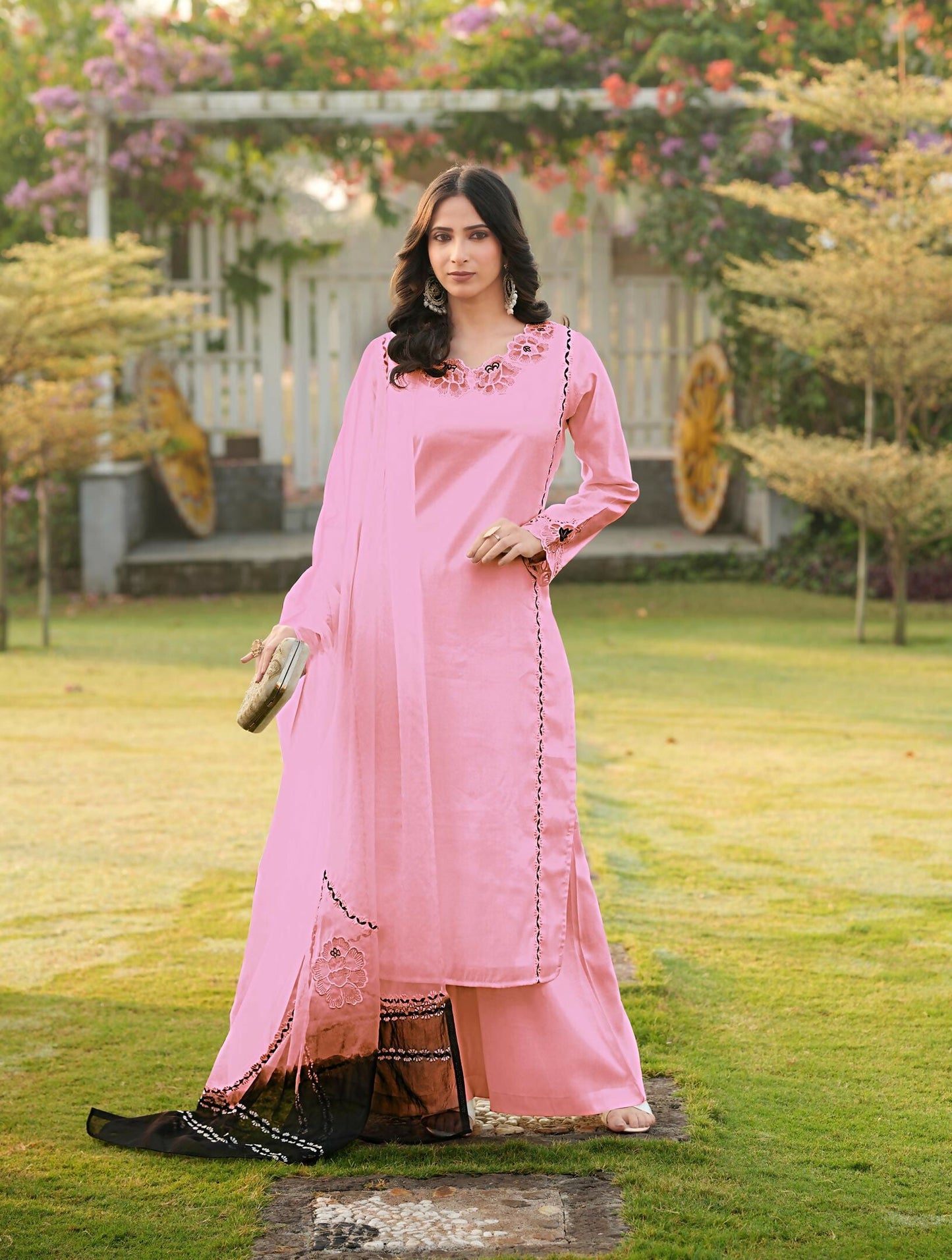 Nikhaar Light Pink Embroidered Art Silk Stitched Straight Cut Kurta Palazzo Dupatta Readymade Suit