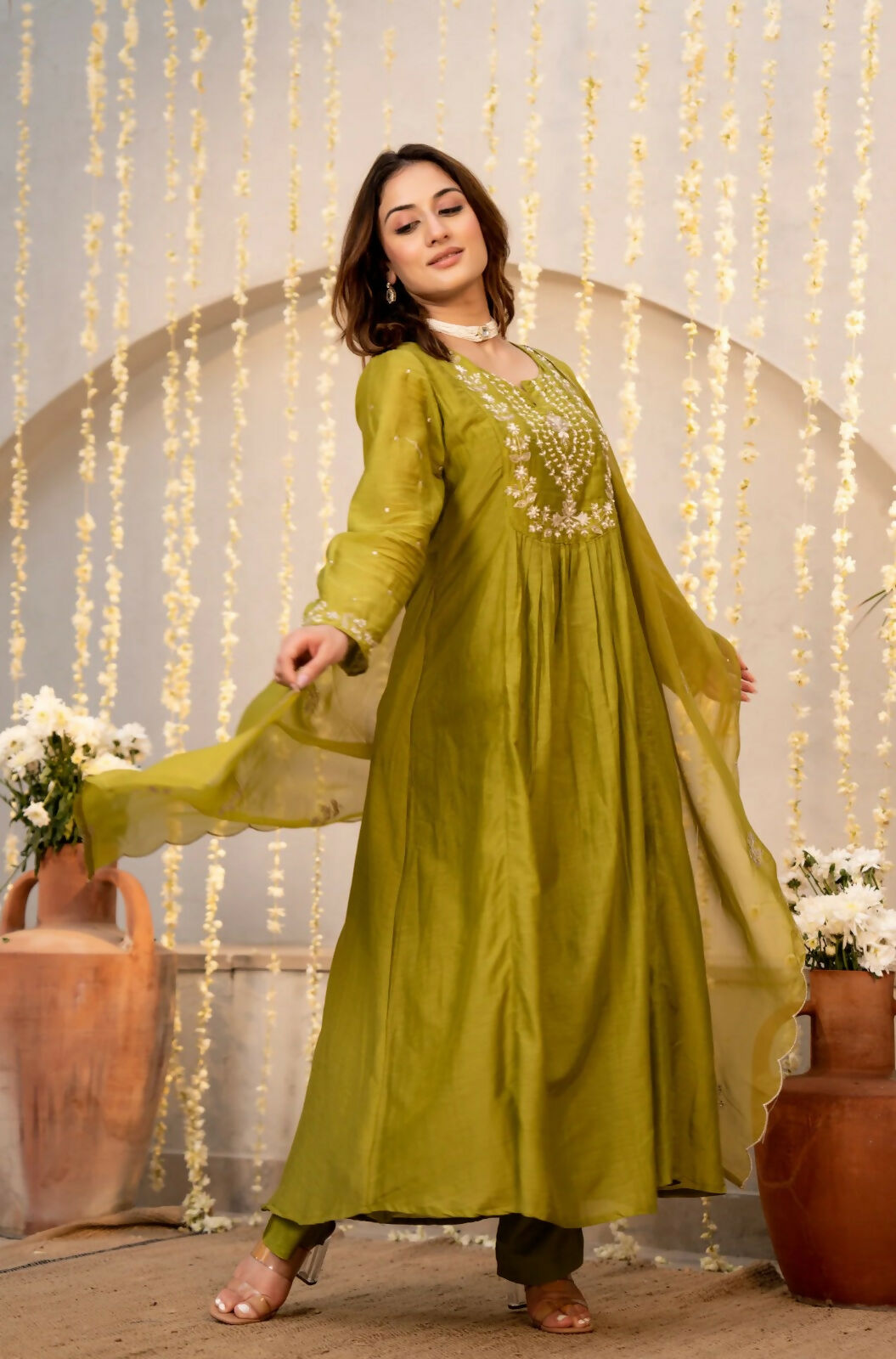 The52 Women's Beautiful Embroidery Work Chanderi Silk Fabric Flared Kurta Pant and Dupatta Set-Light Green