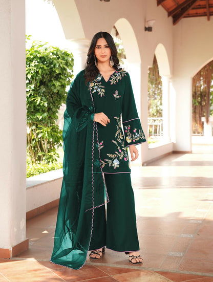 Nikhaar Dark Green Embroidered Art Silk Stitched Straight Cut Kurta Culottes Dupatta Readymade Suit