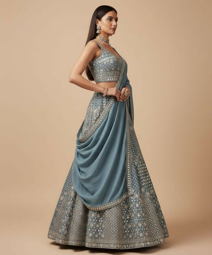 Lehenga Mart Dustyblue Star Faux Georgette Designer Bollywood Style Wedding Wear Lehenga Choli