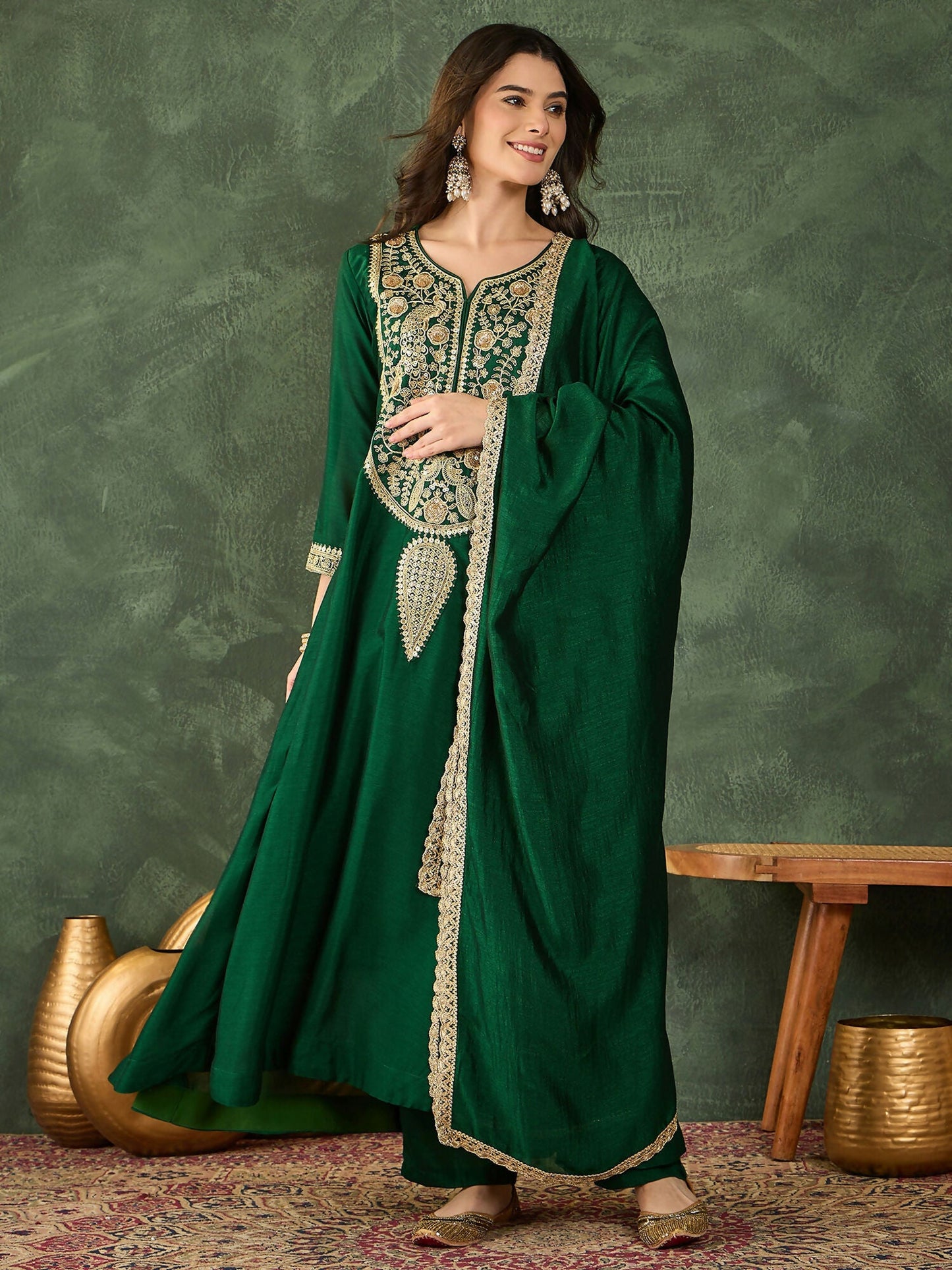 The52 Women's Beautiful Embroidery Work Vichitra Silk Fabric Flared Kurta Pant and Dupatta Set-Green