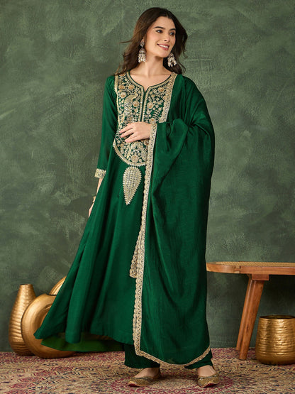 The52 Women's Beautiful Embroidery Work Vichitra Silk Fabric Flared Kurta Pant and Dupatta Set-Green